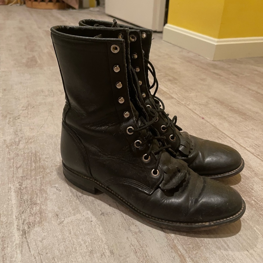 Gently Used Justin Black Leather Lace Up Kiltie Roper Boots - Woman’s Size 8.